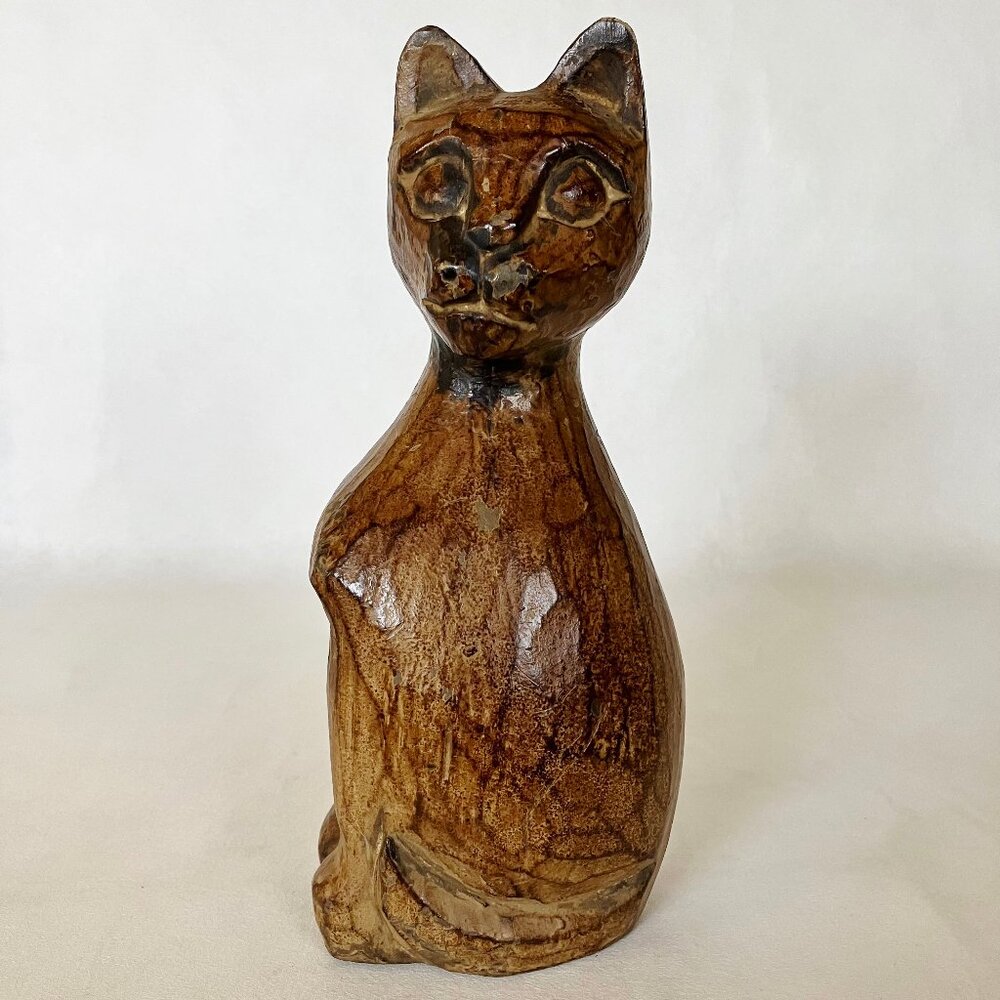 Wooden Kitty Cat Statue Figurine Brown Carved Wood Sitting Animal Sculpture Cute